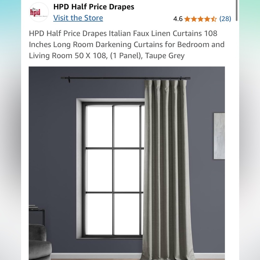 HPD Faux Linen Room Darkening Curtains taupe grey 
 - Set of 2 Panels 50W x 108L